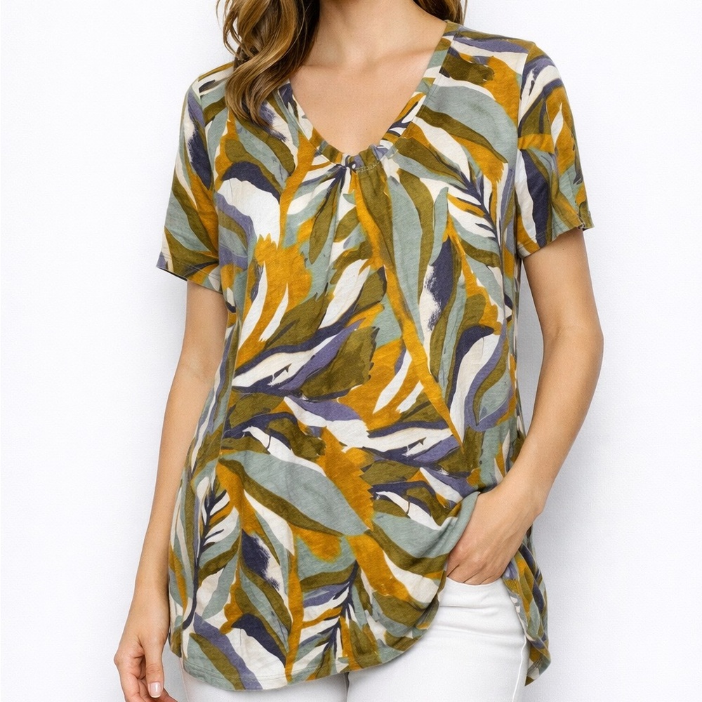 Rachael Zoe Women V-Neck Tropical Leaf Print Tunic Short‎ Sleeve Green Purple 1X